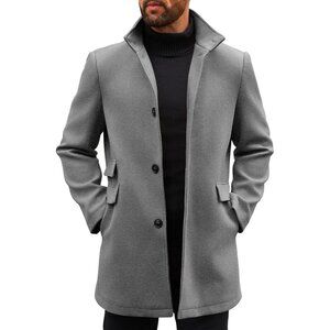 Men's Gray Pea Coats Single Breasted Stand Collar Casual Slim Fit Trench